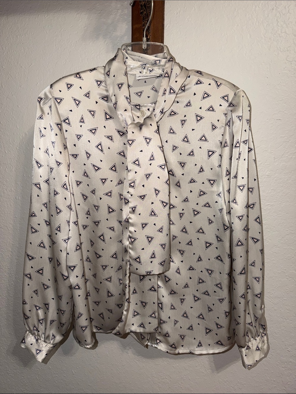 Vintage modest 70s blouse neck tie scarf cottagecore geometric Union made